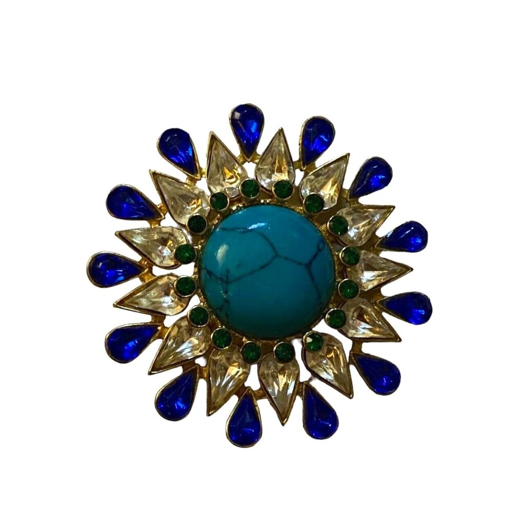 Faux Turquoise And Rhinestone Statement Brooch Sunburst